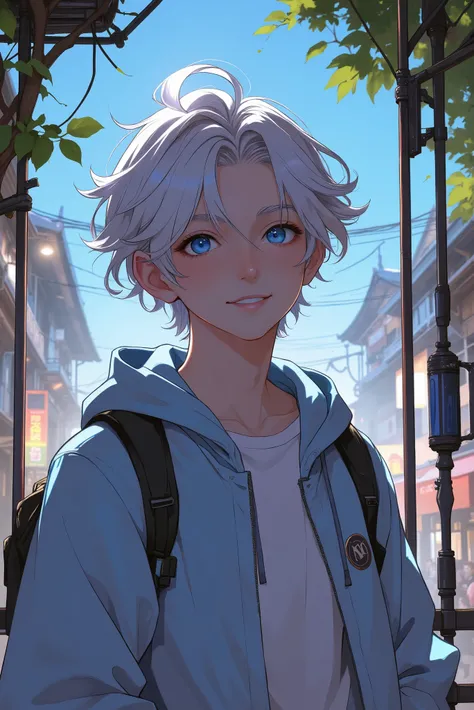 Young man. Tousled white hair. humble smile. blue eyes. anime. light blue jacket