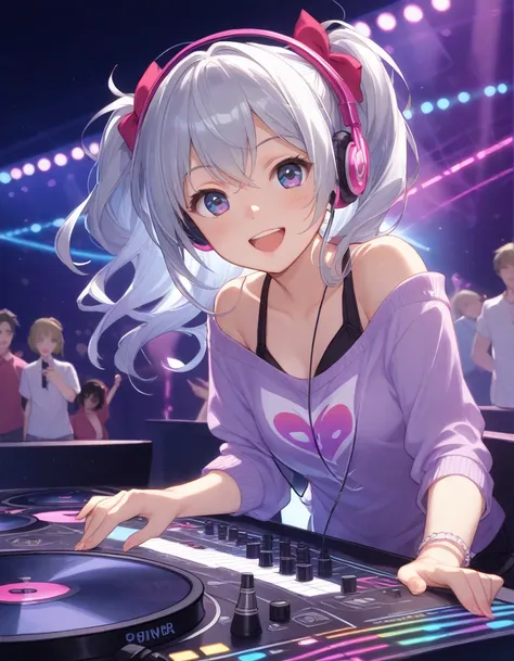 silver long hair、pretty girl with a twin-tail hairstyle、Brilliant Color,nightclub、High tension、 multiple colorful laser lights ,the most beautiful beautiful girl on stage、、there are DJ equipment in front of her、playing a DJ controller with headphones on bo...