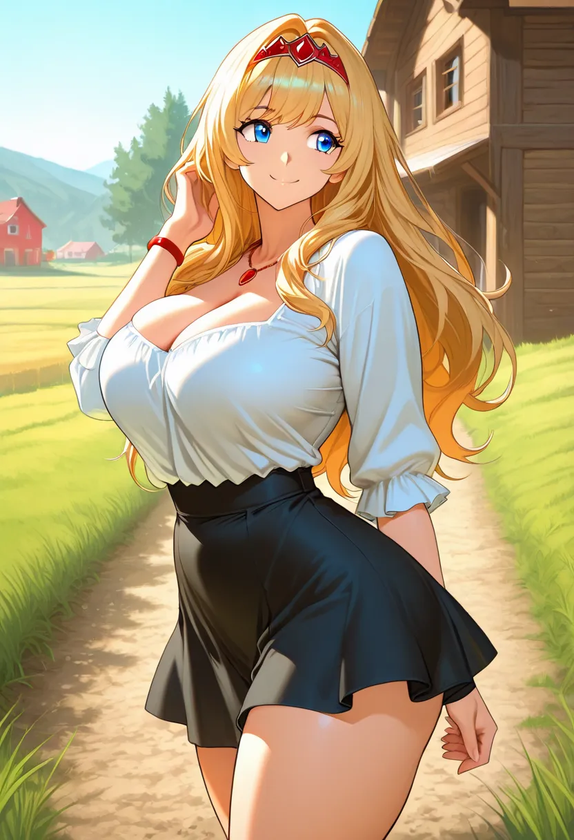 anime style, pretty woman, solo, long blonde hair, blue eyes, detailed eyes, HD eyes, smiling. Busty, Curvy body, thick thighs,, white shirt, Cleavage, black skirt, red diadem, red necklace, red bracelets, countryside, morning, grass background, looking si...