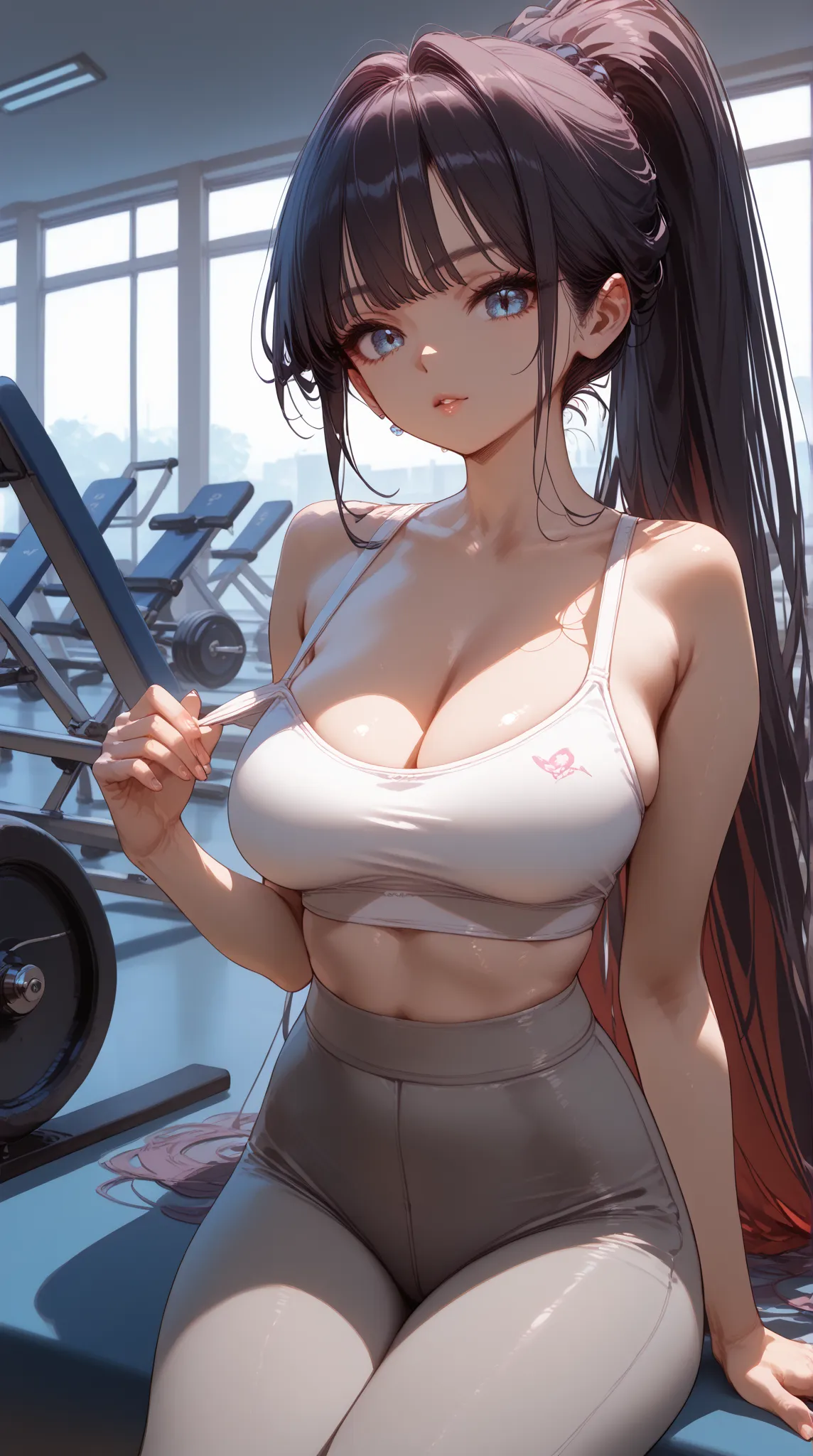 Score_9,score_8_up,score_7_up,1girl,solo,gym background,sports bra, spaghetti strap,cleavage,big_breasts,looking_at_viewer,long hair, high ponytail, grey pants,yoga pants,haren pants,high waist,side slit,thick thighs,slab sitting,fashion dress