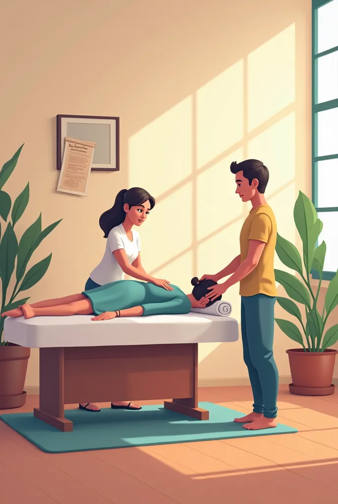 Generate an image with the following descriptions 
Left panel: Masseuse
- **character**: A male masseur, with a relaxing attitude. Lleva una camisa cómoda and pantalones de masaje. 
- **patient**:  a woman, Lying on a massage table, with a towel covering h...