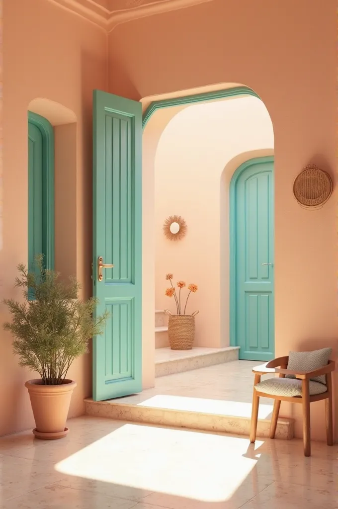 A room painted with light peach color, turquoise openings