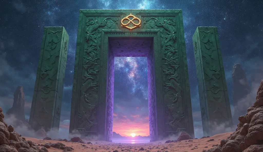 8k, Realistic photo. 
A gigantic wall,  with square columns, And a huge portal looked like it was made for giant beings,  The colors were between green blue and a mystical purple aspect.  An infinity-shaped symbol marked the center of the gate. The atmosph...