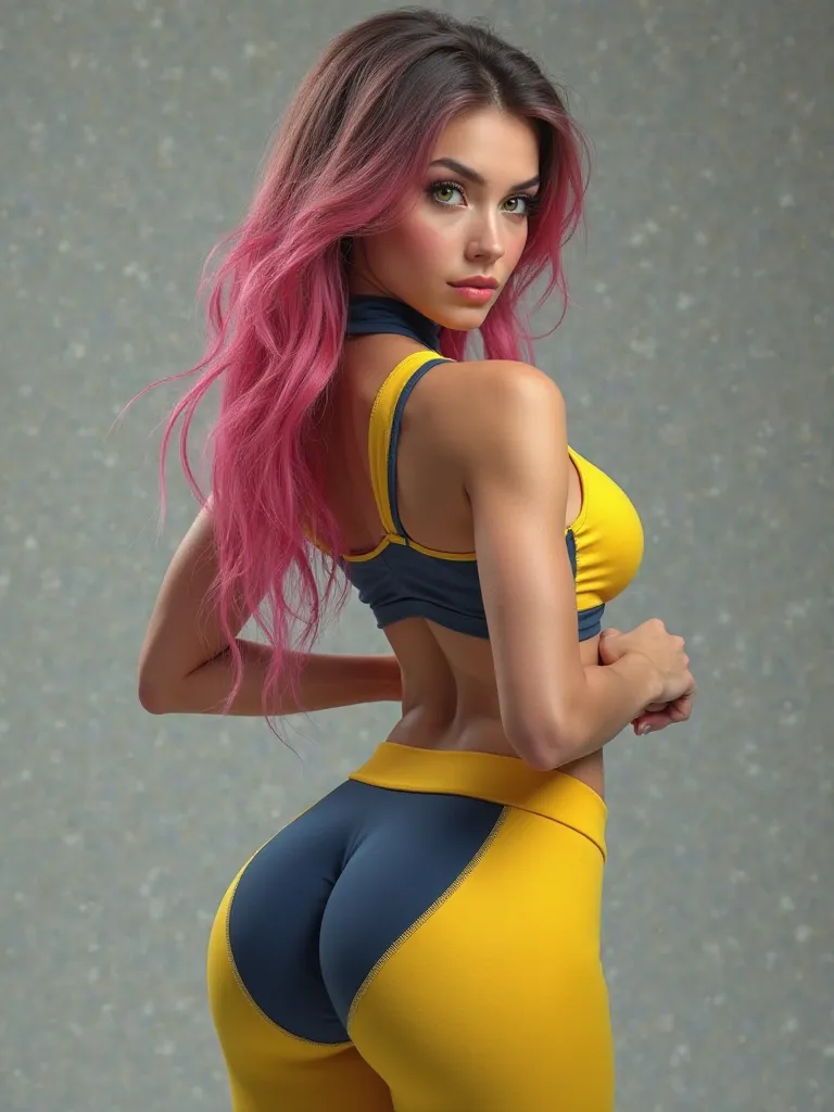  Girl with long dark blond hair, green eyes, full lips, medium breasts, narrow waist, perfect ass
She has dyed her hair pink,  dressed in provocative sportswear, Muscular yellow, dark blue tights