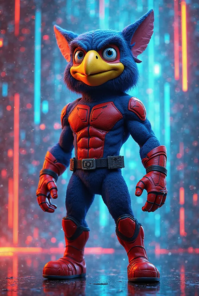 A Hawkeye mascot with a blue, red and yellow screen background