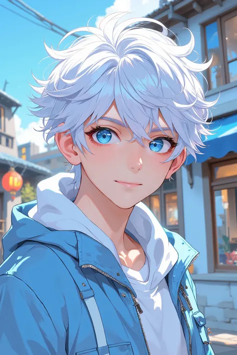 Young man. Tousled white hair. humble smile. blue eyes. light blue jacket. Style: anime