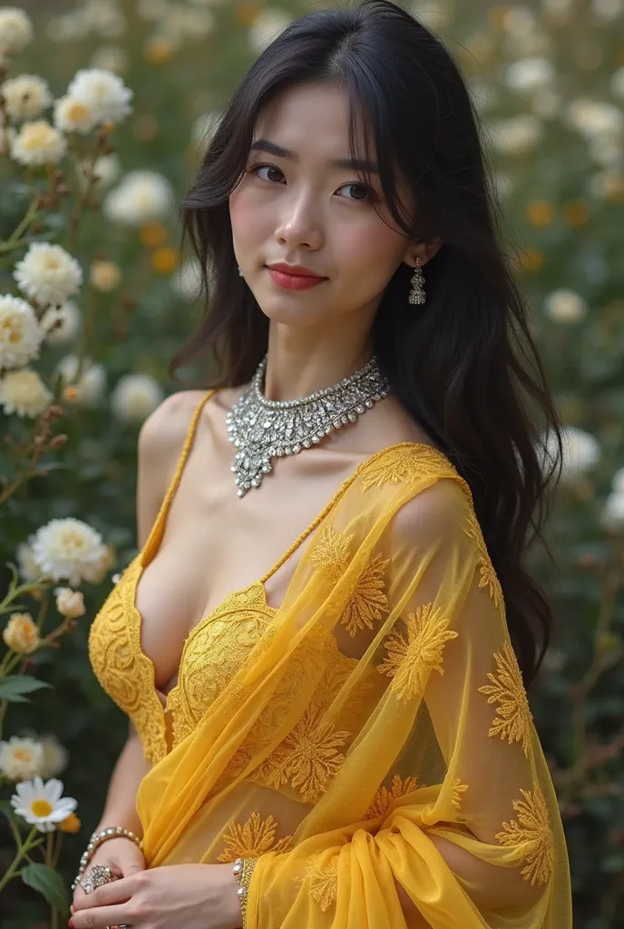 Realistic. Detail. High resolution. original photo, realistic. Up close. A beautiful woman with soft white skin and black hair, wearing a diamond necklace, Wearing diamond bracelets on her wrists and arms, wearing a tight transparent yellow lace tube top, ...