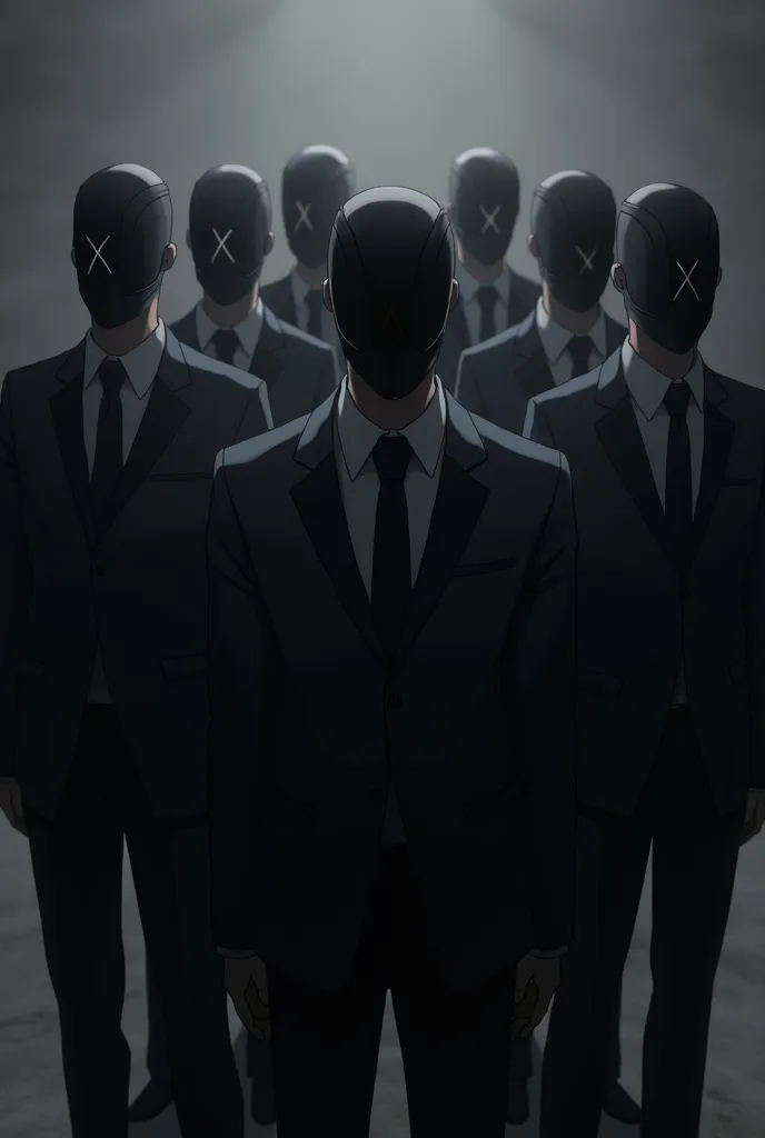 Realistic anime style of a group of masked men wearing masks with the letter x. All in black suits.