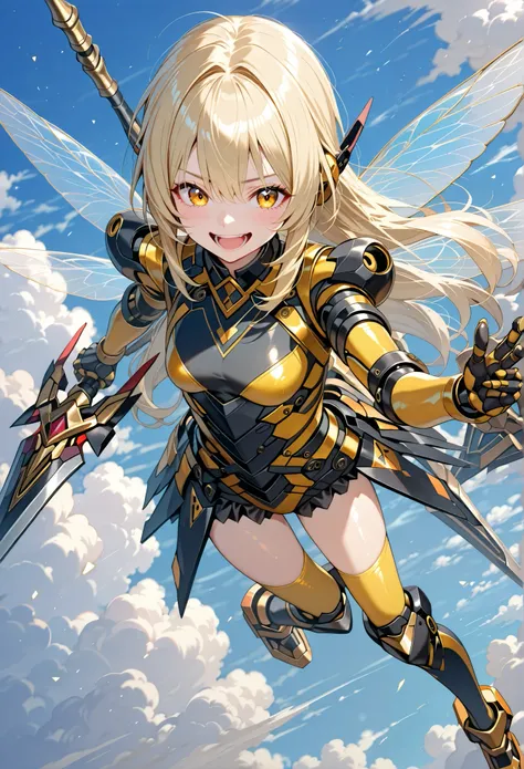 view from above,Beautiful girl cosplaying as a bee,(loli:0.3),blonde long hair,laughing,thin,holding a large, weaponized, honey-colored, spear or wing-like structure. The woman's attire consists of a form-fitting, bright yellow bodysuit with black accents,...