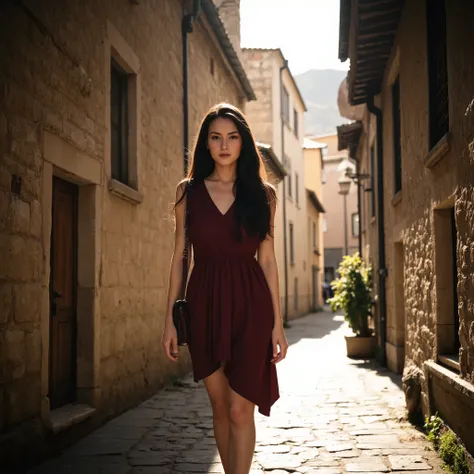 Professional photographic shot of a beautiful woman standing facing the camera with long, flowing black hair, wearing a loose summer dress in a deep wine color, a small crossbody bag hanging at her side, in a narrow cobblestone street in an old historic di...
