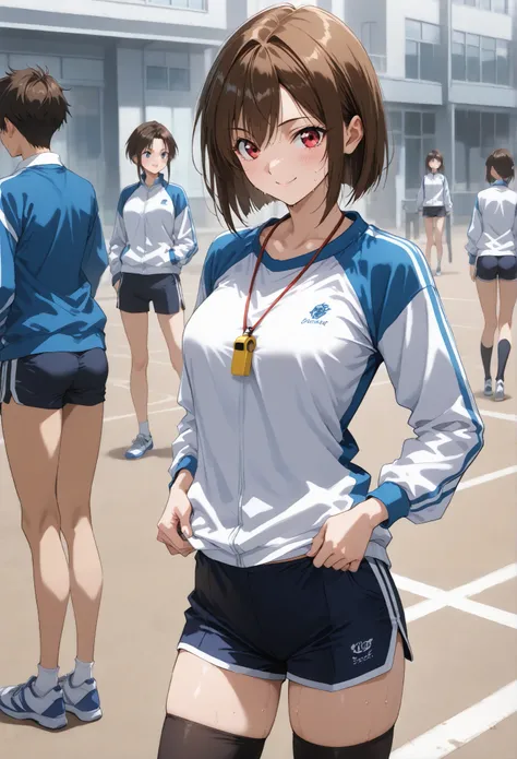 Age 25、 muscular、smile、School teacher、、土のGround、(Ground)、Lots of male students 、(Changing clothes in the changing room)、(long sleeve sportswear 、sports shorts)、、   ( short bob style)、、、 Female Teacher、Outdoors、 to sit、beautiful 、、very small breasts、、master...