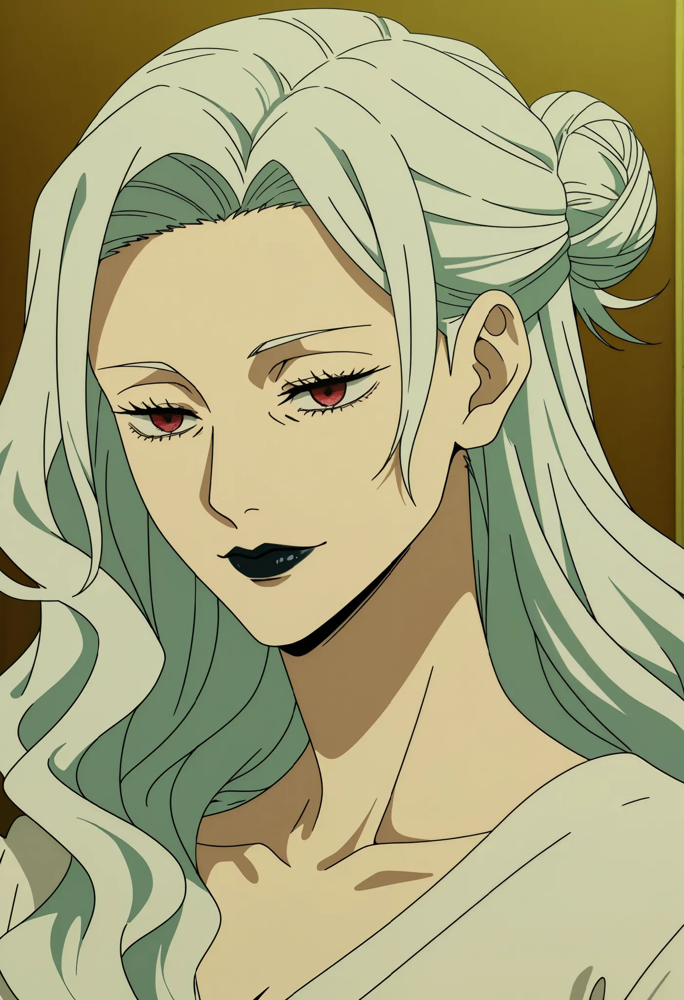 Jujutsu Kaisen style, anime screencap, lady, (mature woman), (tall), long white hair, wavy hair, (no bangs:13), (red eyes:13) black lipstick, top bun,