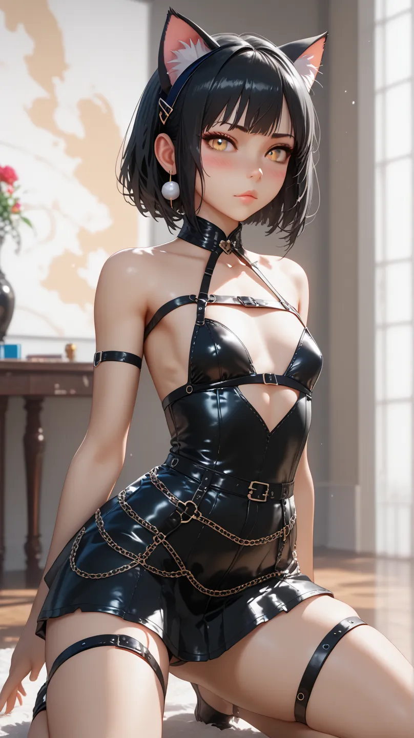 (flat chest:1.2), fishnet, (bare arms), straps on arms, (knees spread), short messy black hair, light amber eyes, [cat ear accessory], blushing, high_quality, masterpiece, 4k, background:abstract, [arched back], (black clothing), arms at sides, kneeling, b...