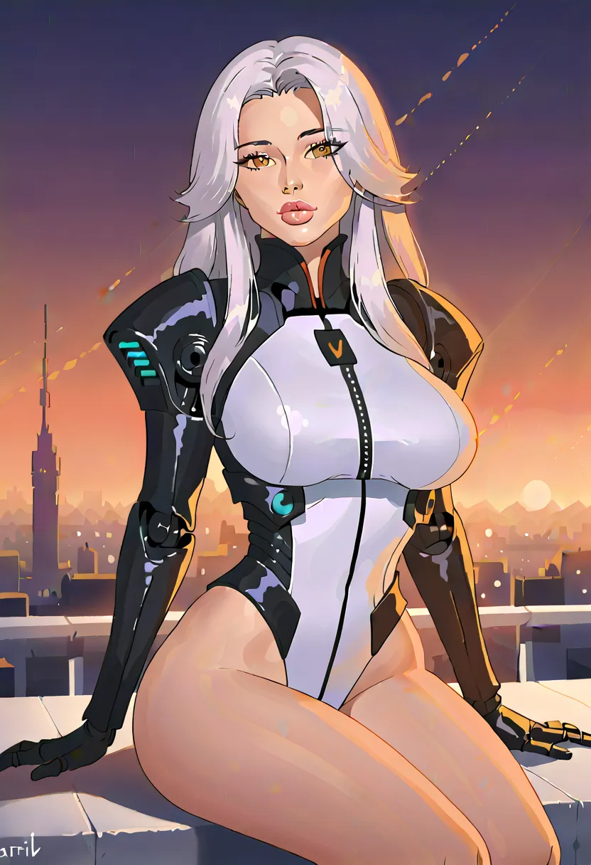 score_9, score_8_up, score_7_up, Cowboy Shot, android girl, glossy black, cute, seductive, innocent, light smile:0.3, plump lips, slender body, mechanical arms, dark mood, dystopia, glowing, looking at viewer, sitting, long hair, bokeh moonlight passing th...