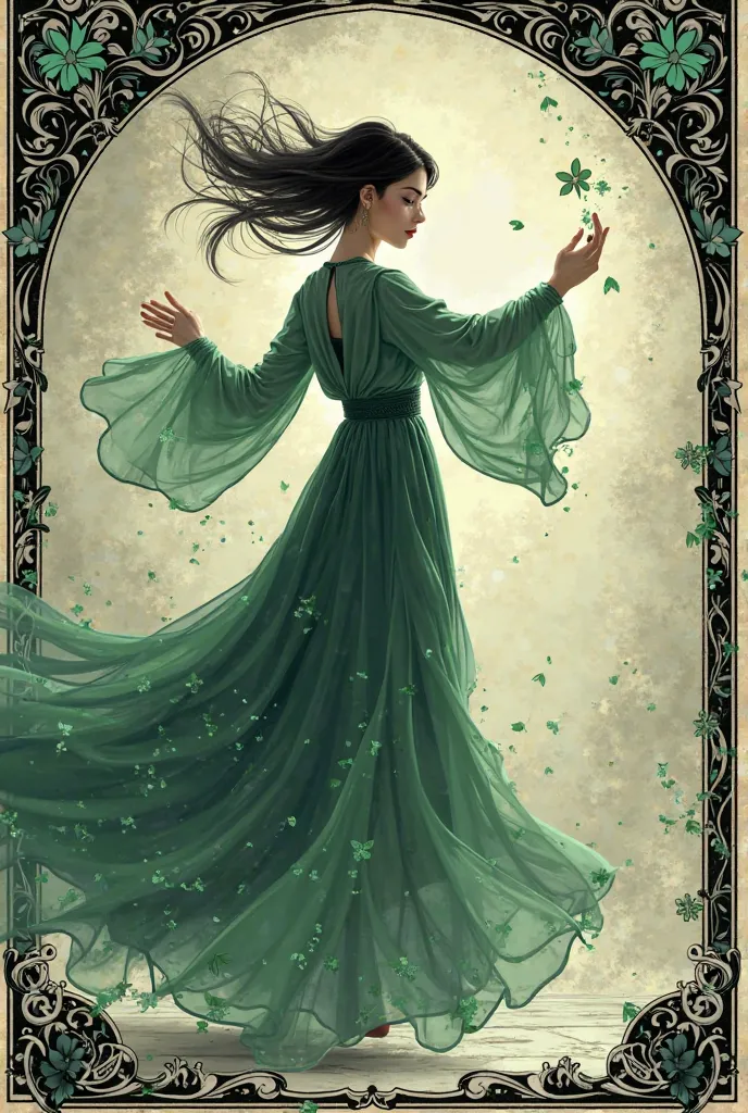 Young woman with smooth black hair and green dress lets her powers escape, drawing with black and facl borders