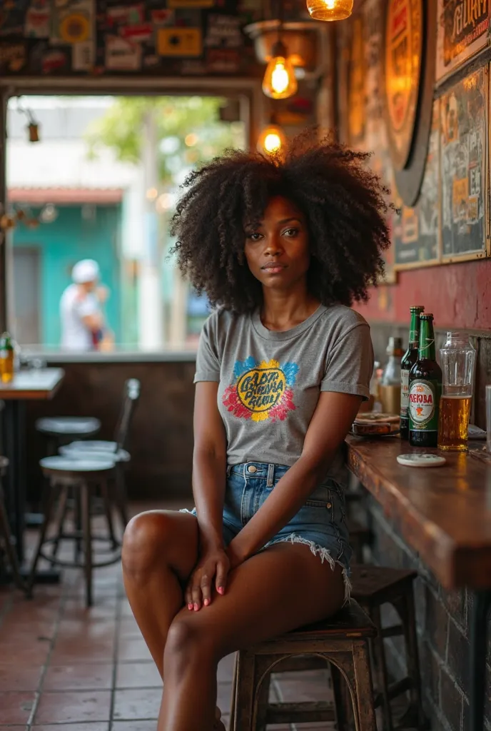 A photograph of a black woman sitting in a simple bar in a Brazilian favela, with typical bar decor, tiled floor, warm lights, simple tables and chairs, beer bottles on the table, posters or beer advertisements on the wall, relaxed and colorful atmosphere,...