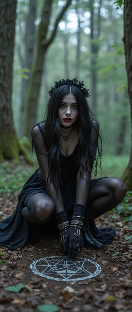 A gothic woman, Pale witch and emo stylish, crouched in an enchanted forest around a hexagonal magic circle, Fios-fatuos , black velvets , income,  pantyhose and leather dyed scarlet or purple , accessorized with tightly incomed corsets, shezfe , precariou...