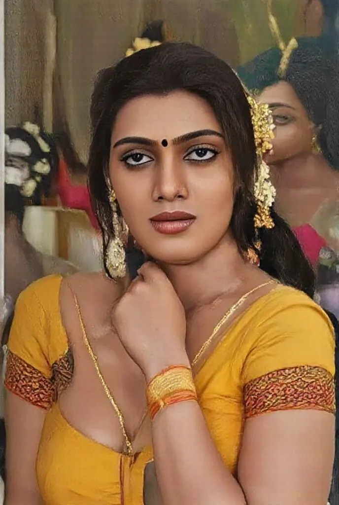 Hot curvy women, sitting in wooden bed tied of ropes,in a yellow designer blouse and black design saree,inside a hut,blue eyes,thick black eyeliners,eyelashes,red glossy lips,gold bangles in hand,both hands rested in wood of bed, looking straight into came...