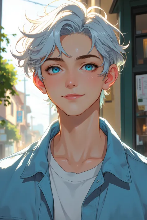 Young man. Tousled white hair. humble smile. blue eyes. light blue jacket. Style: anime. Older brother posture