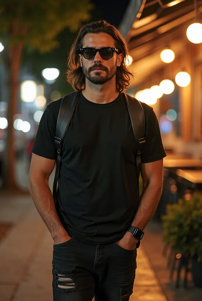 (photorealism:1.2)Picture of a handsome man with long hair wearing black ray-ban glasses black tshirt It says (Deep Black) wearing a backpack and wearing black ripped jeans walking in front of an outdoor cafe in Melborn, Australia at night and illuminated ...