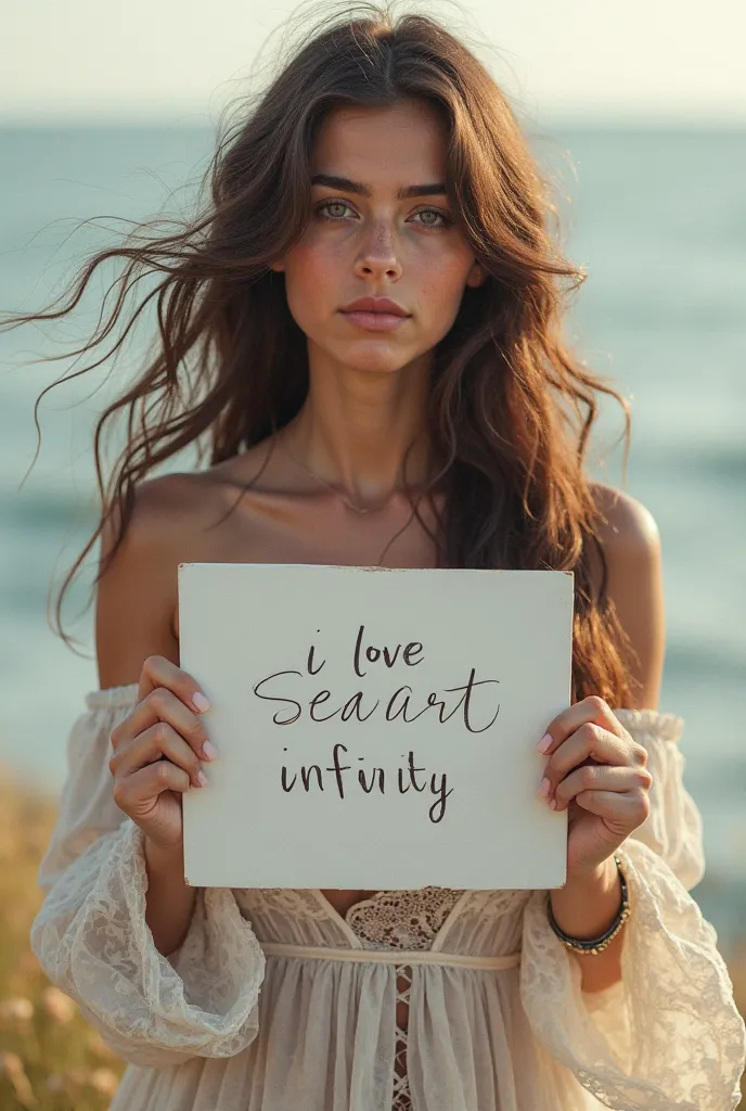 Beautiful girl with wavy long hair, bohemian dress, holding a white board with text "I Love Seaart Infinity" and showing it to the viewer