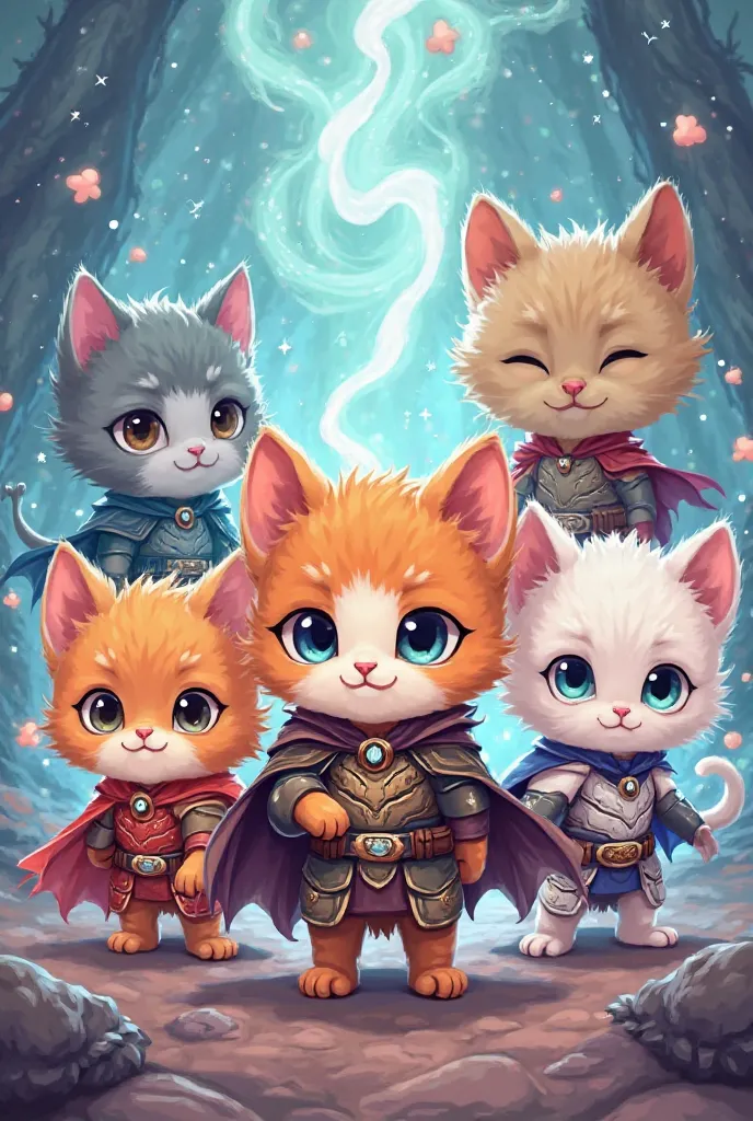 Team of five warrior kittens logo chibi 