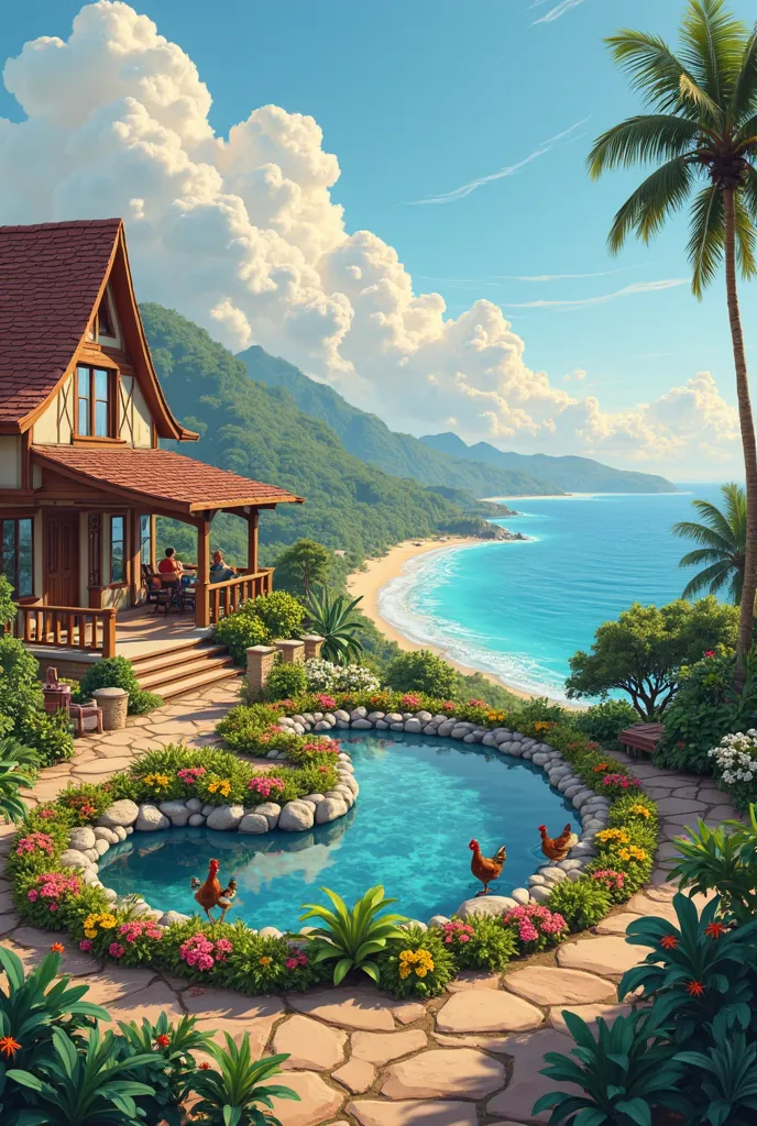 Colorful landscape with a luxurious house on a mountain looking over the beach. The house has a big backyard to look at the beach. The backyard has chickens, a pond and a family eating food and a vegetable farm