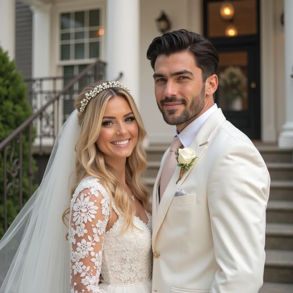  1 smiling white woman looking at the camera、1 handsome white male with black hair looking at the camera and smiling 、The bride is very beautiful、Facial beauty、blond、( The newlyweds go up the stairs of a luxury house )、( The newlyweds are smiling and looki...