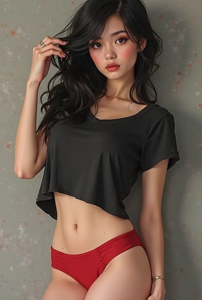 Women, eyes with black hair, honey-colored eyes, of 1.60cm tall,  thin , with one arm clutching her hair, with medium breasts,  big glue,  clothes with a nice body, in casual clothes, a very tight and short black t-shirt that shows the navel,  wearing red ...