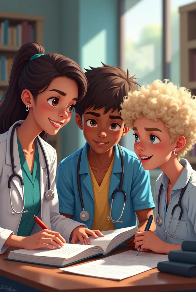 Make an image of 3 college students being a smooth-haired brunette, a brown boy with straight hair and a blonde with curly white hair, both averaging 18 years old, medical college students