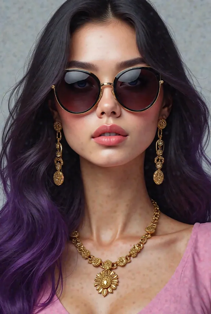 a woman with long black hair with purple tips, beautiful blue eyes, smooth white skin. wearing large sunglasses, long gold earrings, and a luxurious gold necklace. A head and shoulders shot, a calm facial expression, a luxurious mood. High quality realisti...