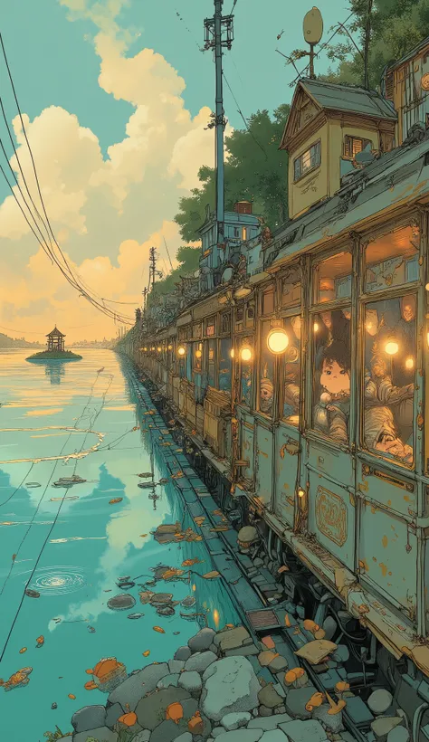 Studio Ghibli-inspired illustration, (soft painterly textures:1.2), (dreamy and warm color palette:1.3), hand-drawn fantasy city, cozy atmosphere, intricate rooftops, cobblestone streets, whimsical architecture, lush greenery, magical realism, soft golden ...