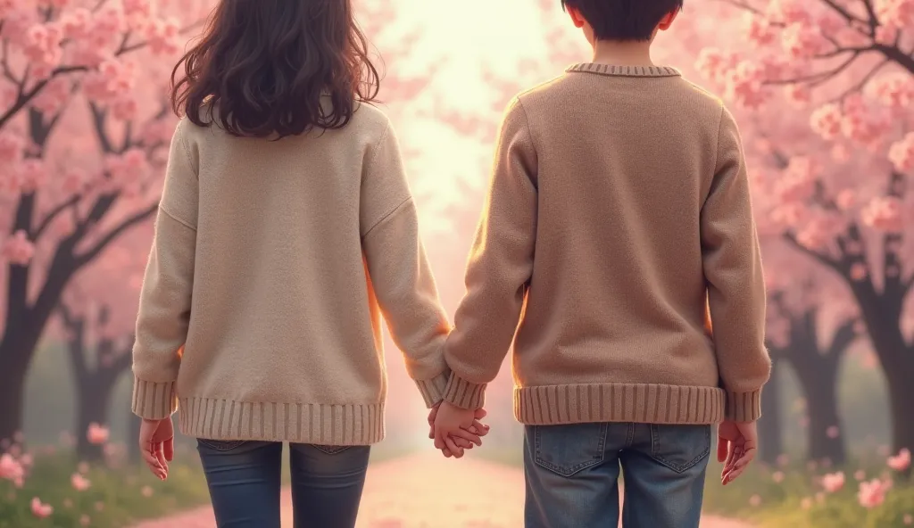 Rear view of a young Japanese man and woman holding hands are men superior
Clothes knit
The camera doesn't show anything other than the hand
background cherry
realistic