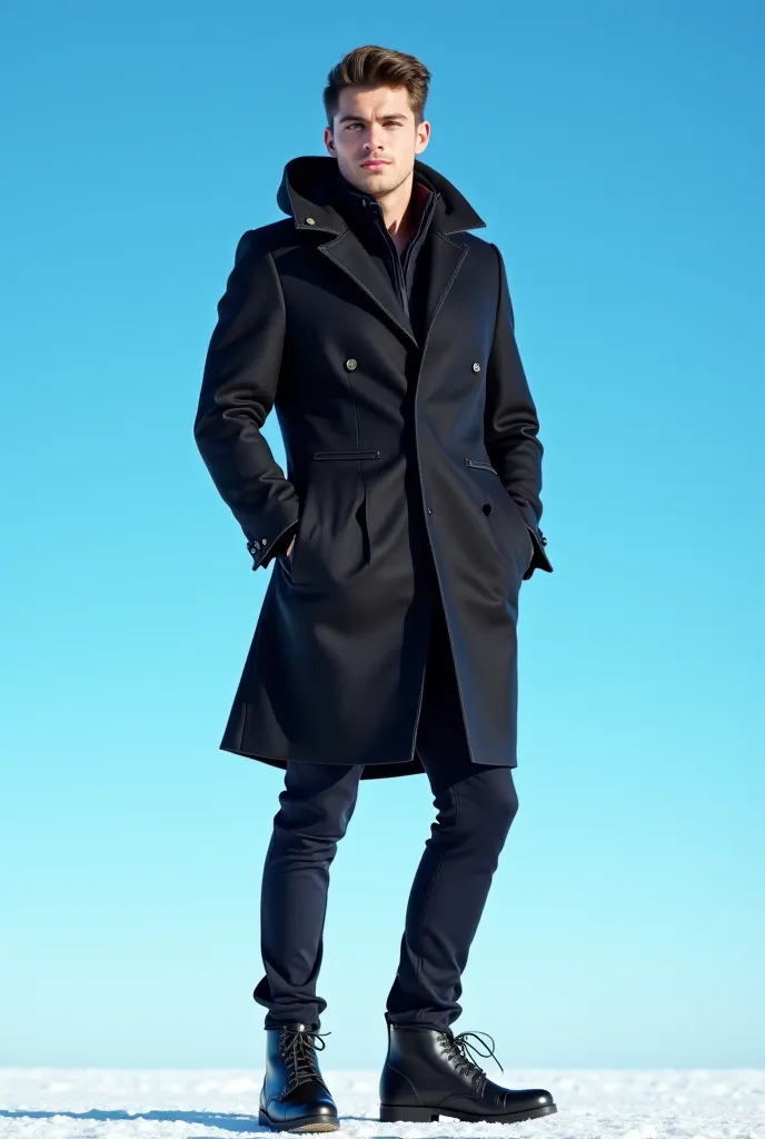 A strong, broad-shouldered, athletic young man wearing elegant winter clothes stands in a blue sky like a fashion model.