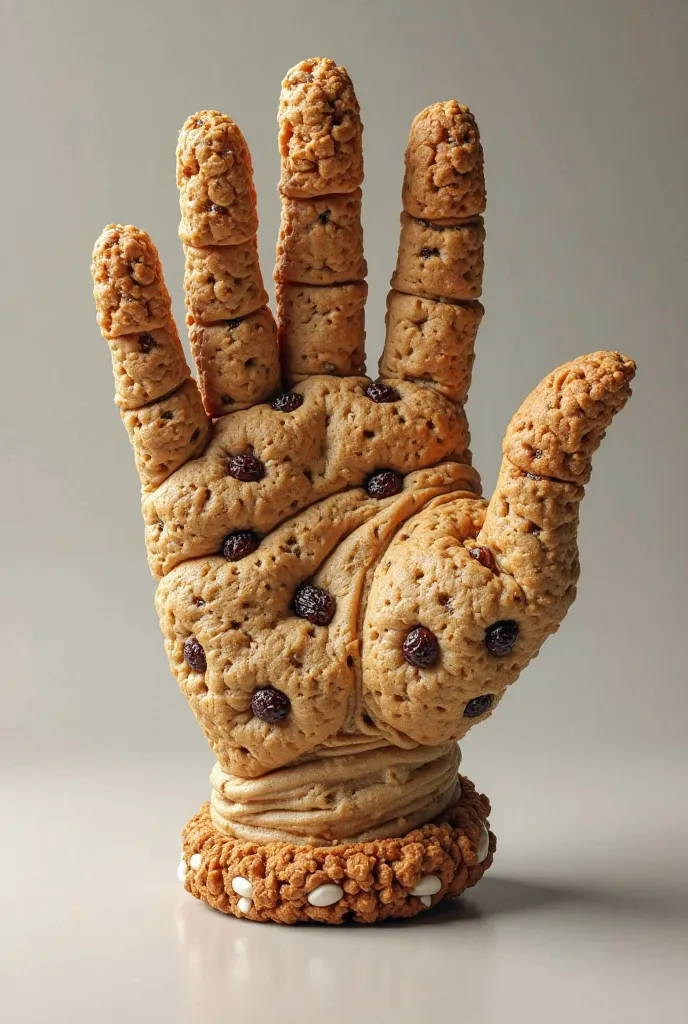 Create a 5-fingered hand for me by splitting a cereal cookie with oats and nuts and raisins 