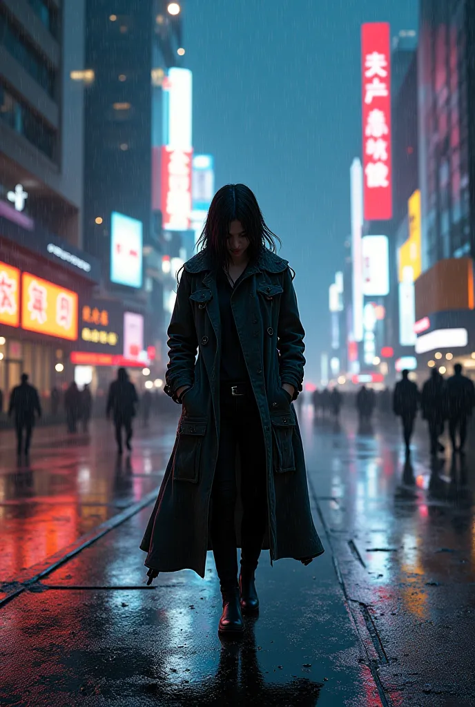 1girl,night city,rain,coat,hands in pockets