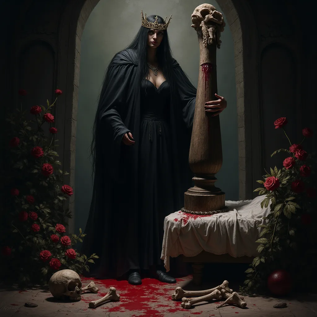 "(the best lighting, HIGH CONTRAST, dark, dramatic),(Gothic woman next to a giant glans phallus, flower, Crown, human bones, Blood in the bedroom, bed). Light Caravaggio"