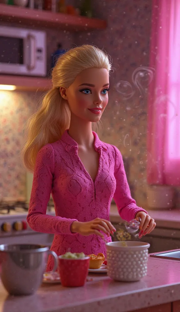 Realistic image of Barbie  ,In the kitchen all pink at night preparing medicine and tea for your little sister