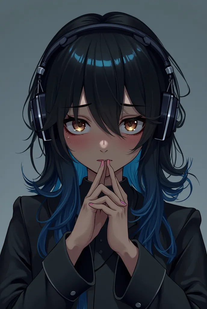 Create for a dark-skinned character, with black hair mixed with blue , with intense brown eyes with a somewhat dark and solitary look but with a headset listening to music and with a thoughtful gesture