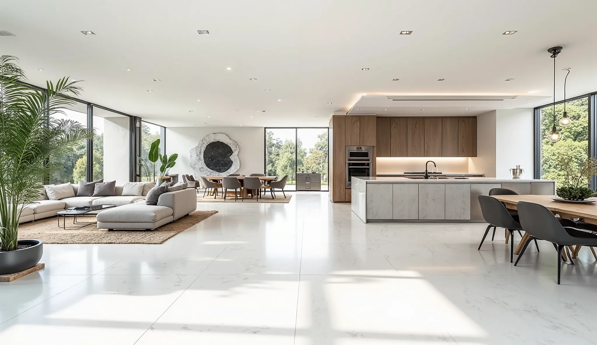 Sure! Here's a prompt for generating a wide internal view of a home with a white floor:

"Create a wide-angle interior view of a spacious modern home with expansive white floors that flow seamlessly throughout the entire area. The design should include a l...