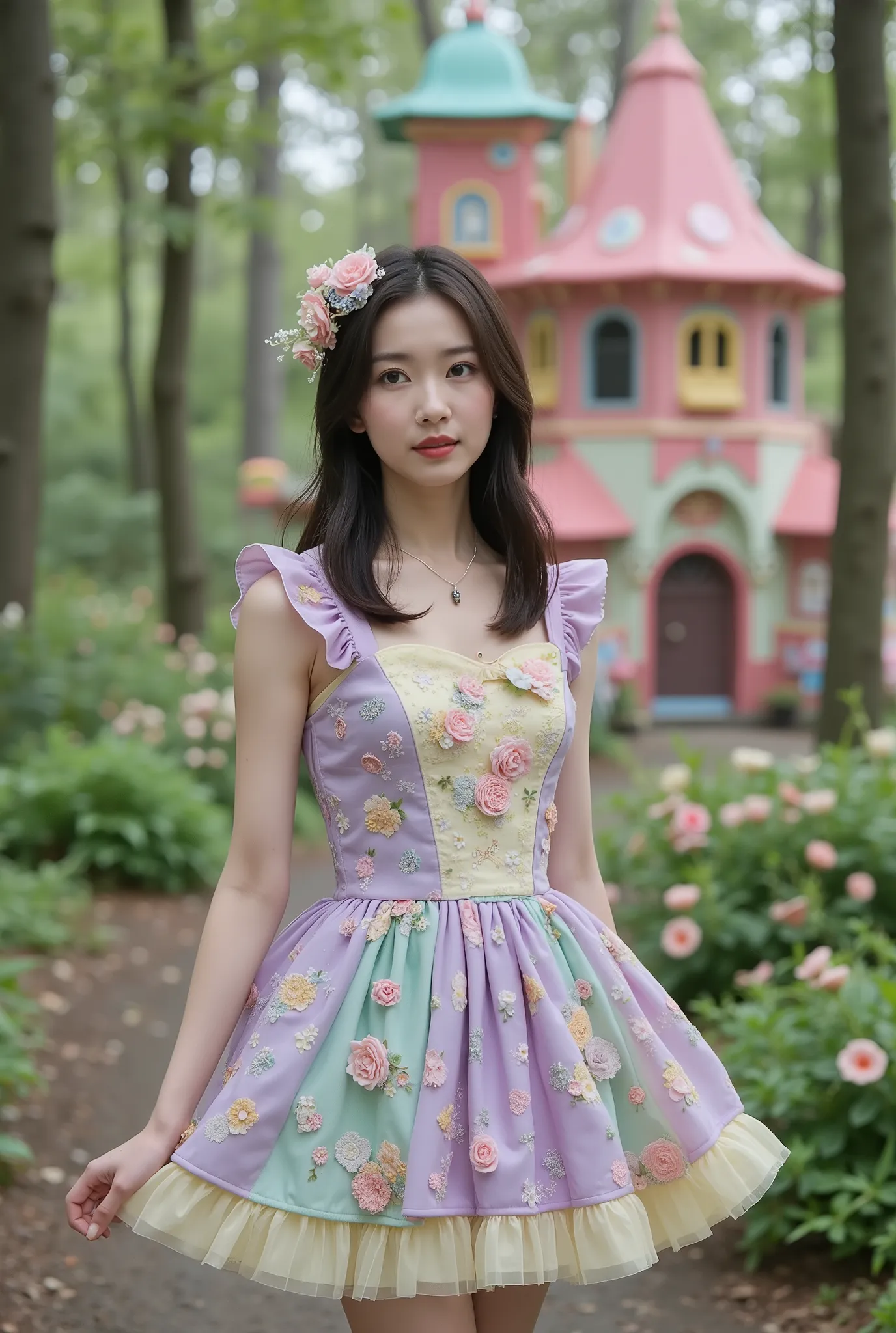 Create an image of a beautiful Japanese actress with fair skin stands gracefully in a whimsical, knee-length outfit. She has medium-length straight hair, exuding a sense of charm. The background features a colorful candy house nestled in a forest, surround...