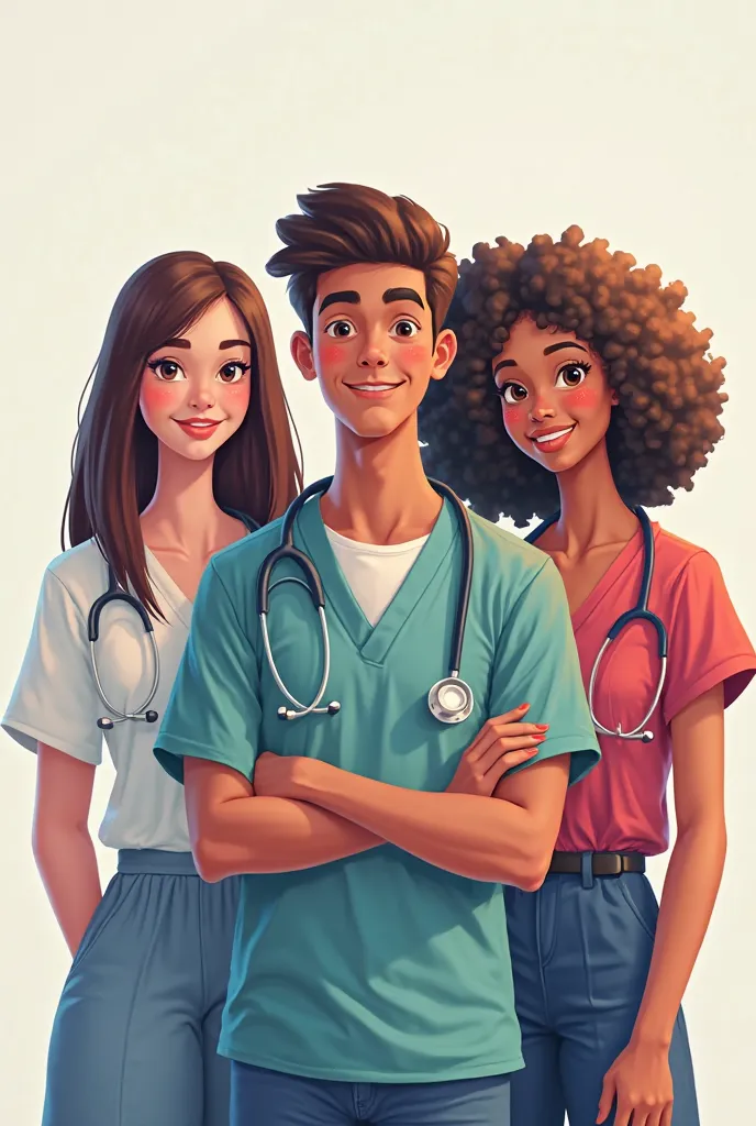 Make an image of 3 college students being a smooth-haired brunette, a smooth-haired brown boy and a curly haired blonde at shoulder height white, both averaging 18 years old, medical college students