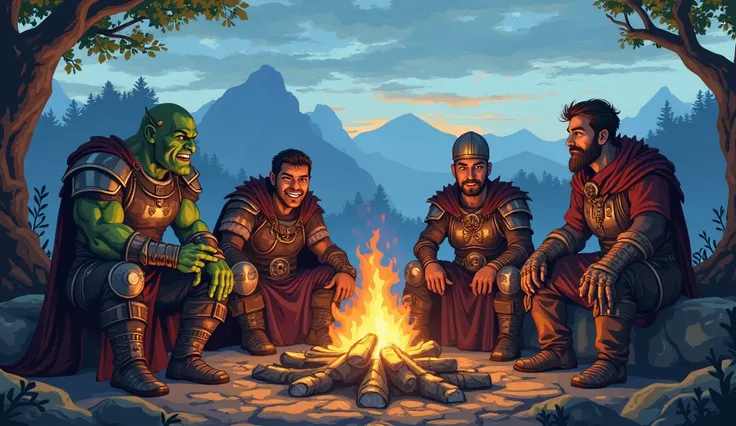 movie scene, anime-style or PixelArt style, of a group of medieval adventurers, estilo Dungeons And Drangons, sitting around a fire pit with a beautiful landscape in the background, this group is comprised of: Half Orc Paladin, human warrior, Cleric Elf an...