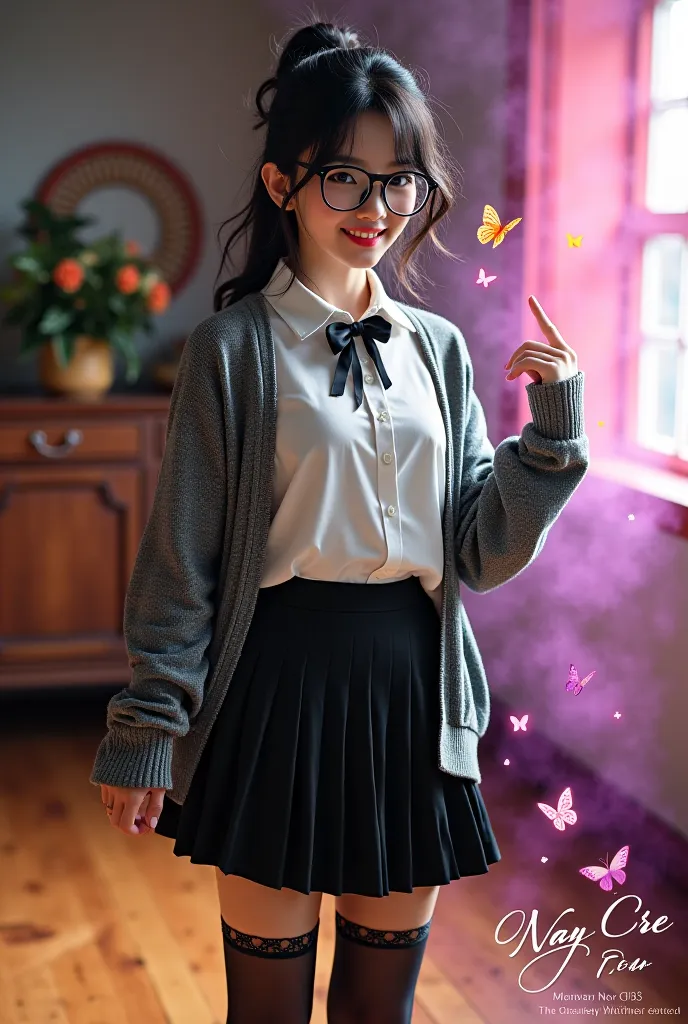 A stunning portrait captures the timeless beauty of a captivating young Japanese woman with wavy black hair styled in a half-up ponytail and wearing glasses. She wears a white button-down blouse with a delicate black ribbon bow, paired with an oversized, l...