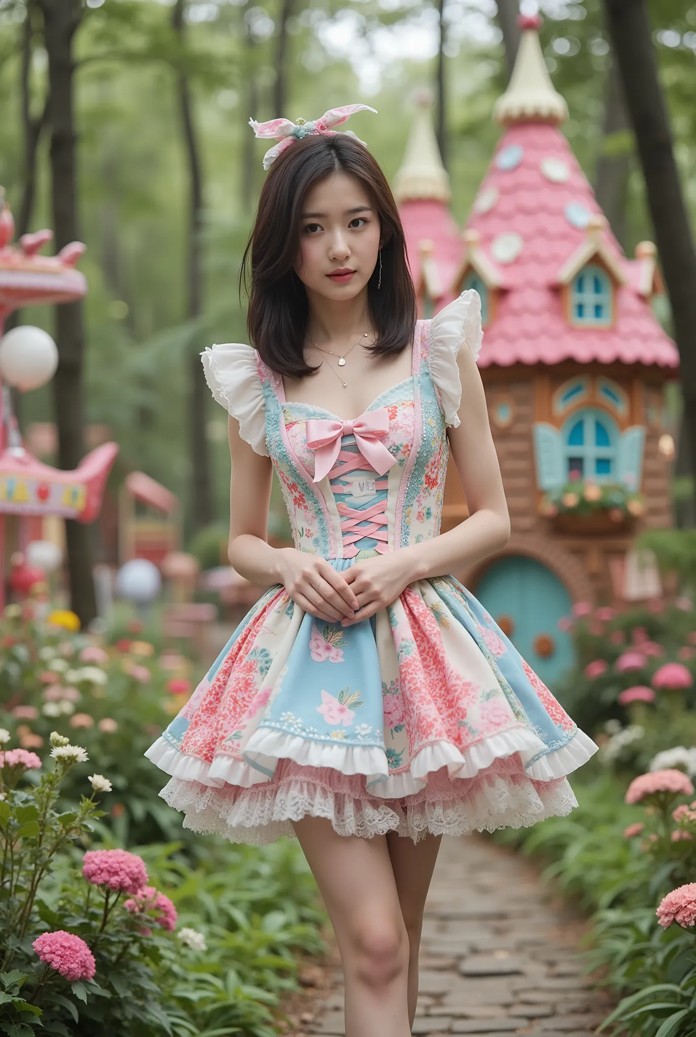 Create an image of a beautiful Japanese actress with fair skin stands gracefully in a whimsical, knee-length outfit. She has medium-length straight hair, exuding a sense of charm. The background features a colorful candy house nestled in a forest, surround...