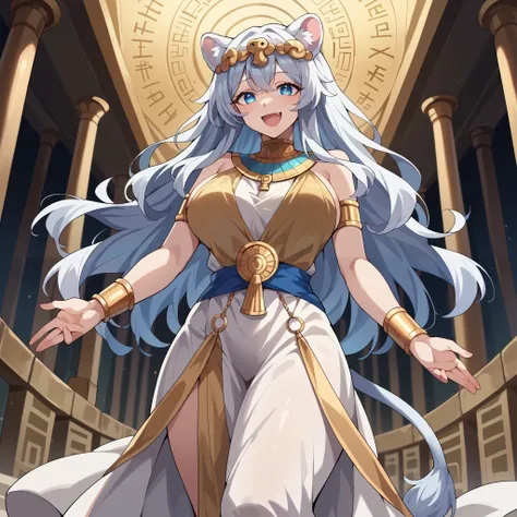 25-year-old woman, voluminous wavy white hair,  Tousled bangs  , round eyes bright light blue, White Lion ears and Tail, happy smile, big breasts, fair skin, dress of a Greek goddess in silver and gold , Egyptian-style gold and silver accessories,  backgro...