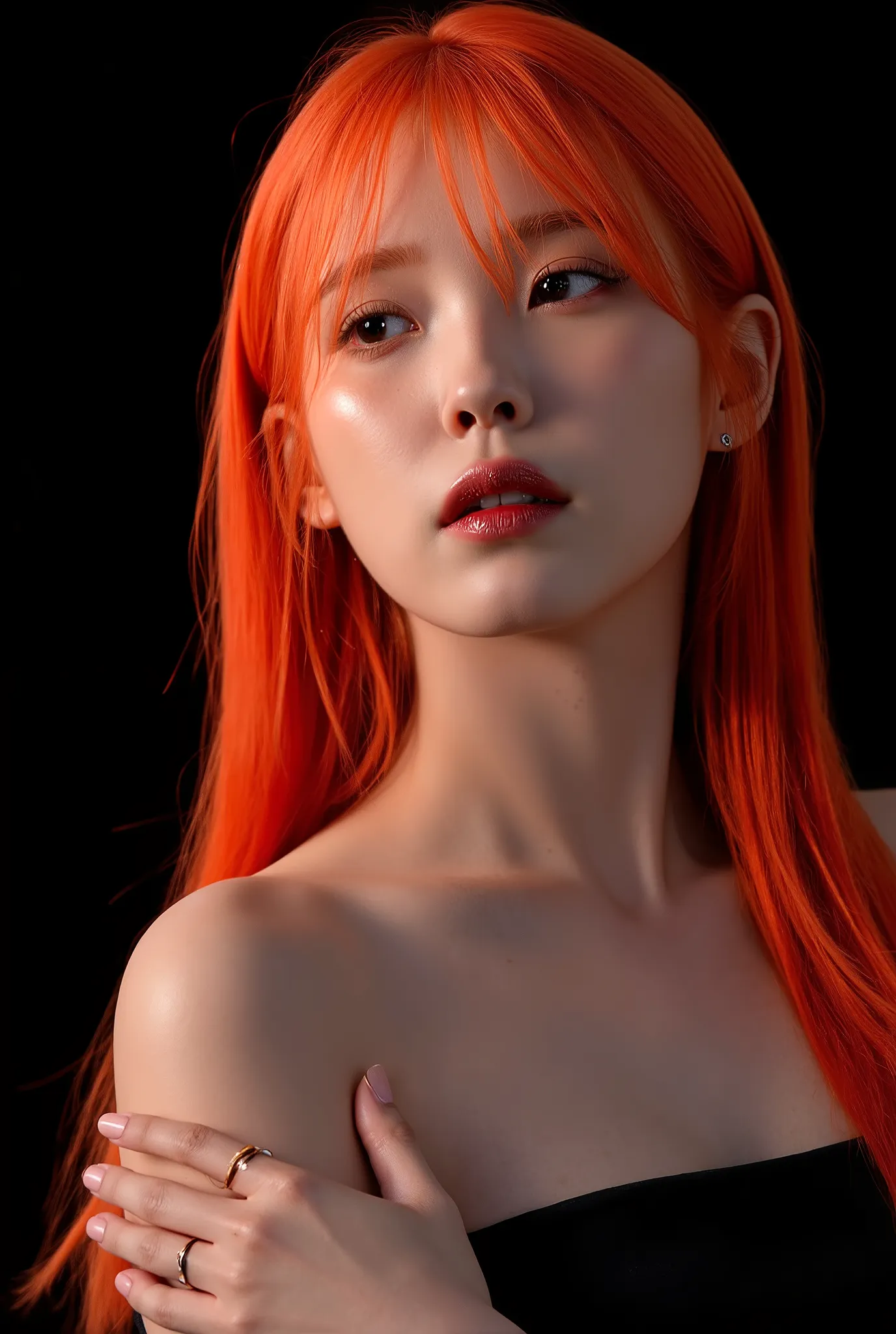 One girl、((tattoos)), Excellent anatomy, masterpiece, Highest quality,Realistic, hyperRealistic, 16k hdr,NSFW、Long orange Hair、Straight Hair、bangs、freckles、high school girl、Slender、Slender body、asian high school girl, huge breasts, cleavage, Lewd, horny, (...