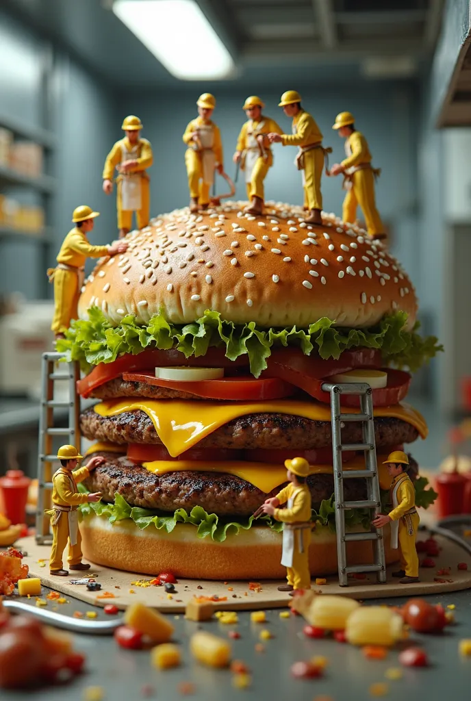 "Create a hyper-realistic image of tiny humans, about 2 inches tall, building a giant McDonald's-style hamburger. The mini humans should be dressed in fast-food uniforms, including hats and aprons. They should be working together, placing ingredients like ...