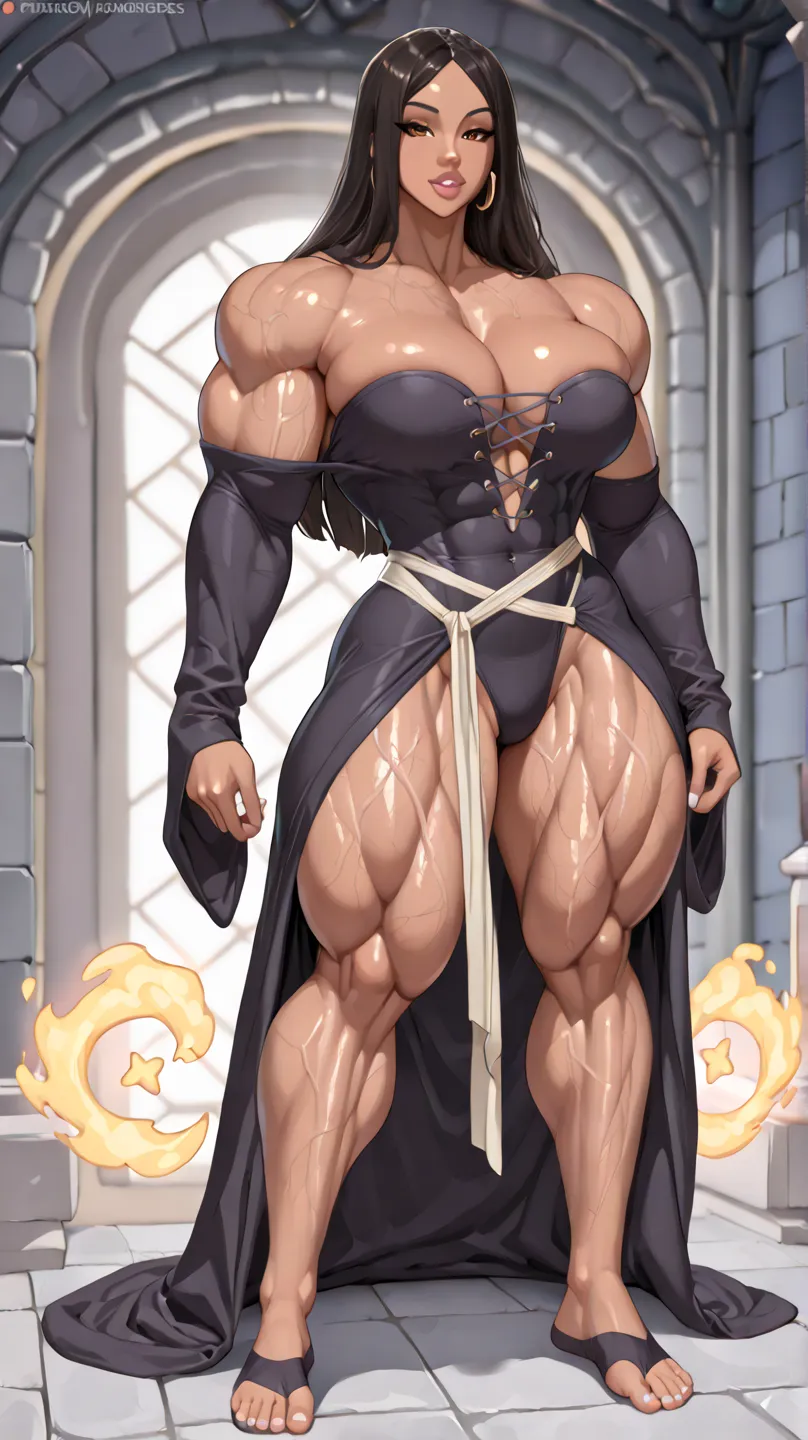 ((((Full body view)))), (masterpiece), ( best quality) ( muscular: 1.6),  , (veiny vascular body: 1.8), she is very muscular and beautiful, massive bulging musculature, she wears ((long magical sorceress robes)), she flexes her mighty muscles, ((beautiful ...