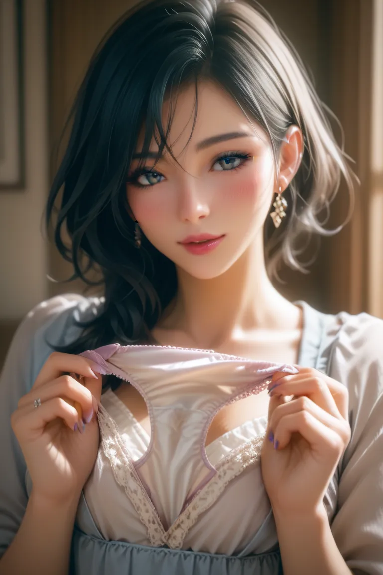 beautiful woman、Panties in hand  、holding panties with both hands、 Steam rises from panties 、show off your seductive panties 、Total、panties close to the screen、upper body、 dirty panties、The reverse side of the panties